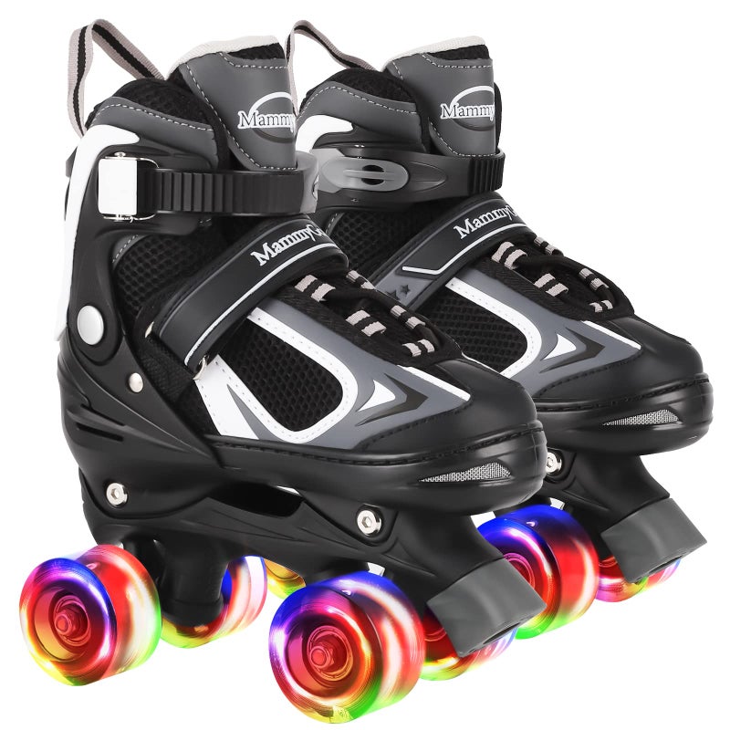 Kids Roller Skates for Girls and Boys4 Sizes Adjustable Quad Skates with Light up Wheels Birthday Gift for Kids Children BeginnersBlack L