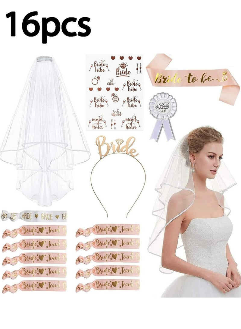 تريكل 16pcs / مجموعة من ديكورات حفل العزاب العروس ، بما في ذلك حجاب للعروس ليكون ، وأحزام الكتف ، وأسوار ، وأسوار الرأس ، وشارات ، وغيرها من الهدايا والإمدادات لحفلات العزاب النسائية - Image 1