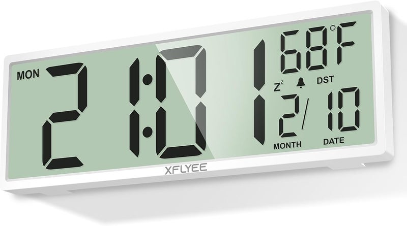 Xflyee ساعة حائط رقمية كبيرة 14.5 بوصة تعمل بالبطارية بأرقام ضخمة، مع توقيت صيفي تلقائي، وبيانات اليوم والتاريخ والمنبه ودرجة الحرارة لغرفة المعيشة وغرفة النوم وديكور المكتب، هدية، شاشة عرض LCD سهلة القراءة والضبط - Image 1