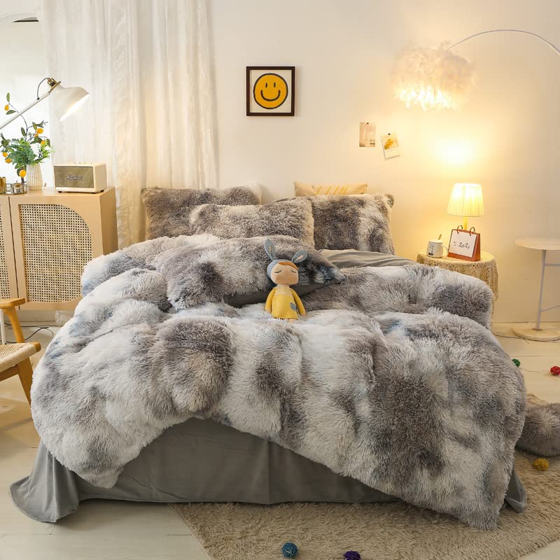 chovy Kids Girls Faux Fur Black White Gray Comforter Sets Twin/Full - 3PC Bed Set Soft Warm Comfortable Rabbit Plush Velvet Flannel Fluffy Fuzzy Bedding(Comforter x 1 Pillowcases x 2) - Image 1