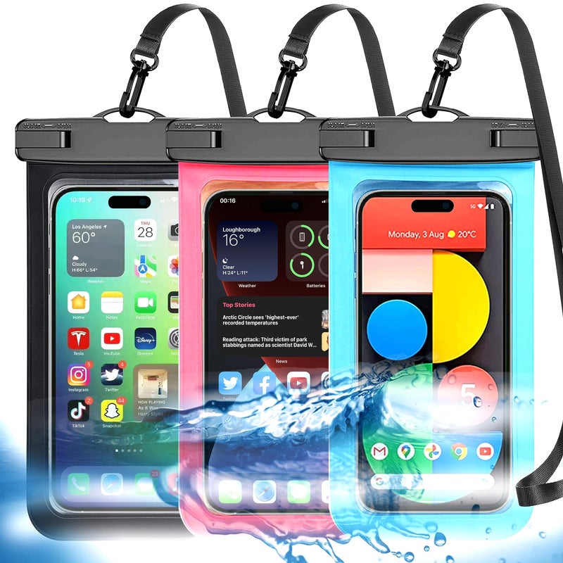 Famoby Up to 8.3" 3 Pack Multicolor Universal Waterproof Phone Pouch, Large Phone Waterproof Case Dry Bag,Protection Level: IP68,Outdoor Sports for Apple iPhone,Samsung,and More,Black,Blue,Pink - Image 1
