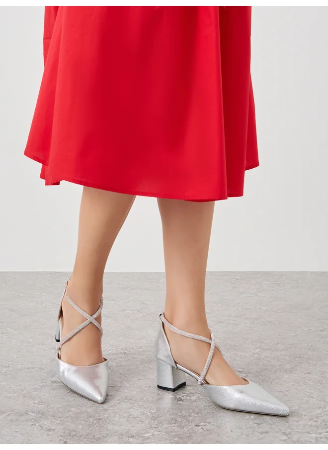 سنيك ايه بيك Sneak-a-Peek Rhinestone Strap Block Heel Ankle Strap Shoes