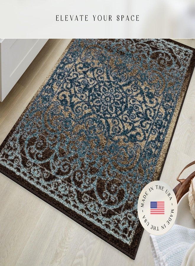 Maples Rugs Pelham Vintage Kitchen Rugs Non Skid Accent Area Carpet [Made in USA], 2'6 x 3'10, Blue/Walnut - Image 2