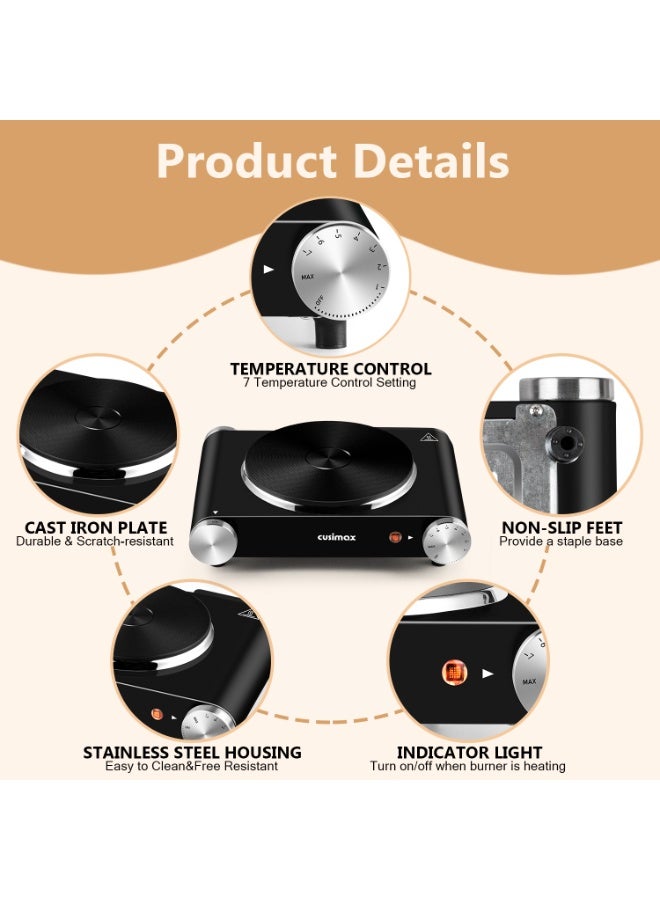 كوسيماكس لوحة ساخنة كهربائية واحدة,1500W,لوحة التدفئة الحديدية الزهرية,متوافقة مع جميع أدوات الطبخ, ترموستات قابل للتعديل - Image 2