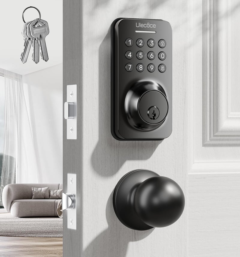 Ulecoce Keyless Entry Keypad Deadbolt with Handle Set, Smart Lock, Auto-Lock + One-Touch Lock, 100 Codes + 15-Min Easy Install, Ideal for Airbnb/Homes/Offices, Fits U.S. Standard Front Doors, Black - Image 1