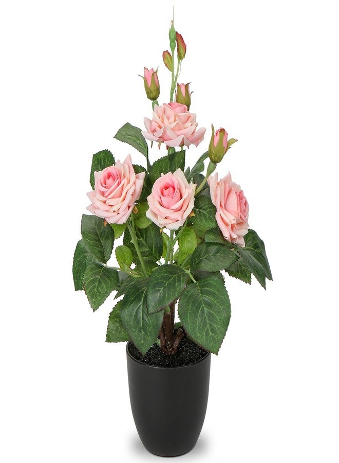 Hollyone Artificial Plants & Flowers in Vase Pink Roses Artificial Flowers Potted Plant Faux Silk Flower with Pot Fake Rose Flower Arrangement Home Decor Office Bathroom Shelf Desk Decoration 15 Inch - Image 1