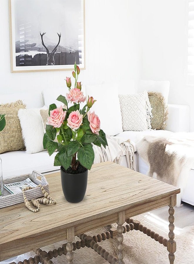 Hollyone Artificial Plants & Flowers in Vase Pink Roses Artificial Flowers Potted Plant Faux Silk Flower with Pot Fake Rose Flower Arrangement Home Decor Office Bathroom Shelf Desk Decoration 15 Inch - Image 4