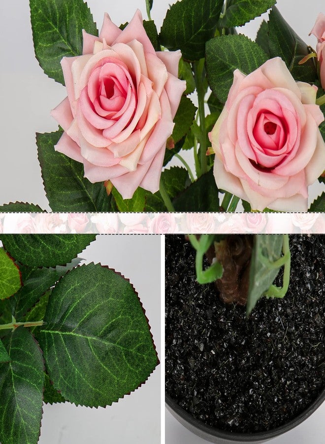 Hollyone Artificial Plants & Flowers in Vase Pink Roses Artificial Flowers Potted Plant Faux Silk Flower with Pot Fake Rose Flower Arrangement Home Decor Office Bathroom Shelf Desk Decoration 15 Inch - Image 3