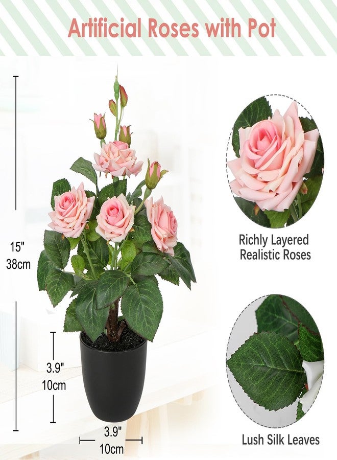 Hollyone Artificial Plants & Flowers in Vase Pink Roses Artificial Flowers Potted Plant Faux Silk Flower with Pot Fake Rose Flower Arrangement Home Decor Office Bathroom Shelf Desk Decoration 15 Inch - Image 2