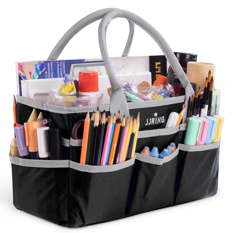 Jjring Craft and Art Organizer Tote Bag  600D Silver Nylon Fabric Art Caddy with Pockets  for Art Craft Sewing Medical and Office Supplies Storage