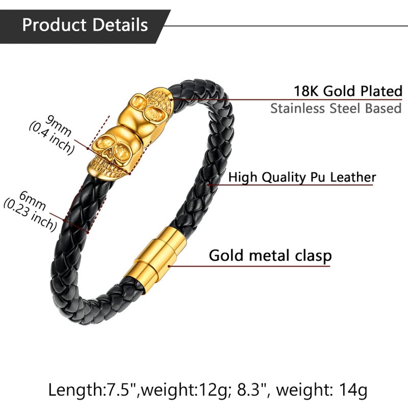 U7 Braided Leather Bracelets Mens Surfer Biker Gift Gold Plated Skull Gothic Bangle Cuff Leather Bracelets 7.5" - Image 4