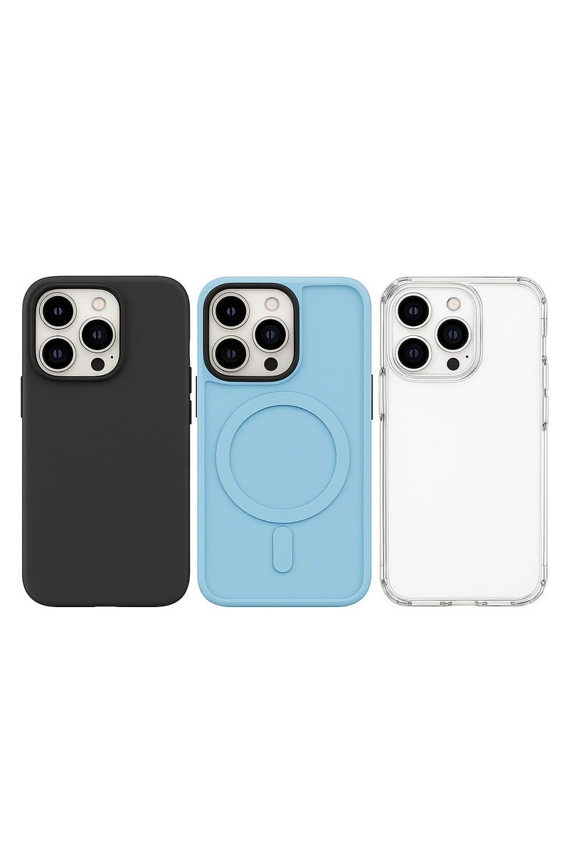كايس كلوب جراب iPhone 15 (3 قطع) | أغطية رفيعة مقاومة للصدمات | سيليكون ناعم فاخر، شفاف، ومتوافق مع MagSafe - Image 1