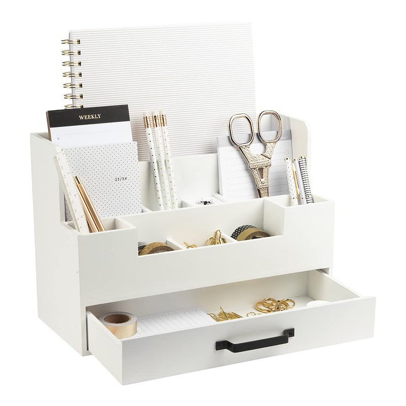 BLU MONACO White Wooden Desk Organizer with Drawer Office Desk Caddy for Supplies and Accessories Stylish Desktop Storage for Women