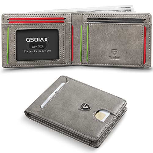 GSOIAX محفظة جي إس أو آي إيه إكس النحيفة للرجال مع حماية من RFID، محفظة قابلة للطي من ألياف الكربون، محفظة جيب أمامية مع 11 حامل بطاقة، محفظة رجالية بسيطة مع علبة هدايا (رمادي جلد) - Image 1