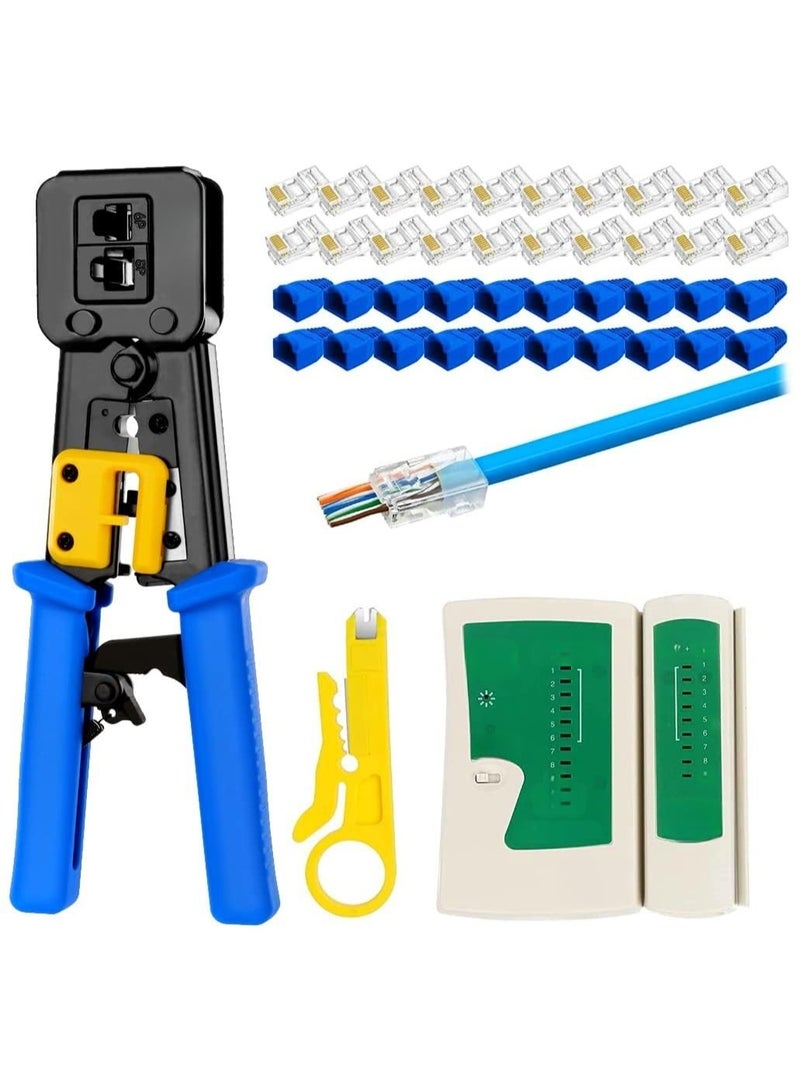 43 Pcs Crimp Tool Kit Cat6 RJ45 Crimping Tool with RJ45 Cat6 Pass Through Connectors, Covers, Wire Punch Down Cutter and Network Cable Tester - Image 1
