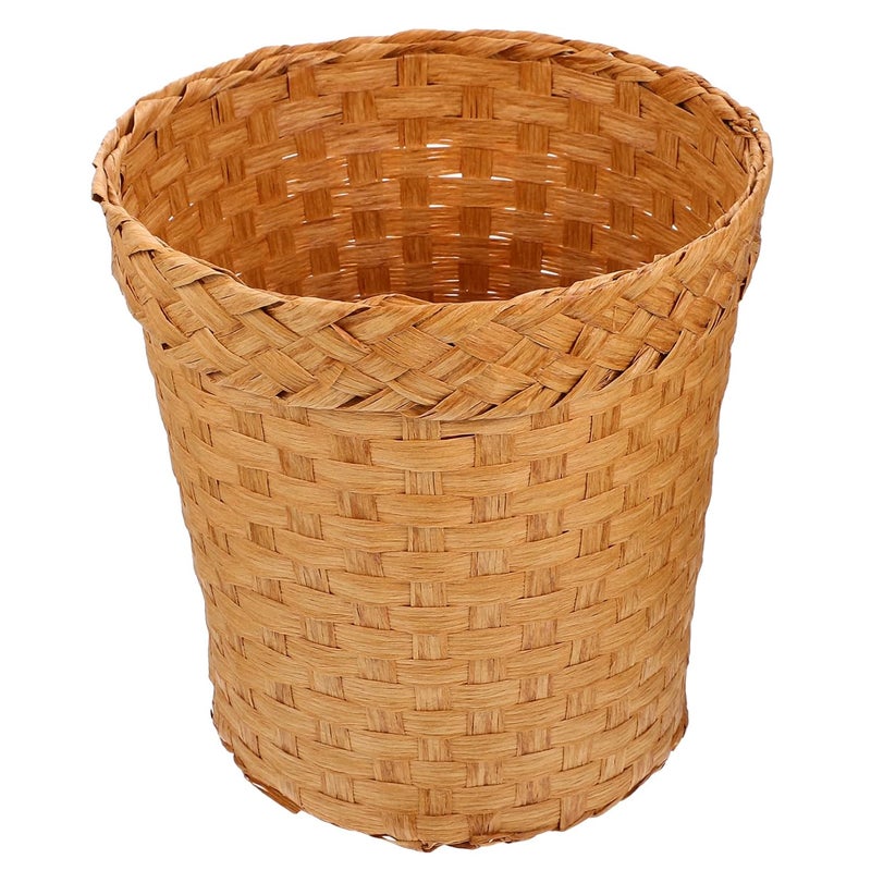 woobles Woven Basket Trash Can Wastebasket- Round Garbage Container Bin for Bathrooms, Kitchens, Home Offices, Craft, Laundry (Khaki) Khaki - Image 1
