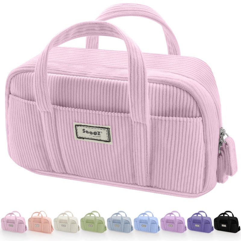 Sooez Large Pencil Case Pouch, Extra Big Pencil Bag with 5 Compartments, Pen Bag Wide Opening, Soft Corduroy Pencil Organizer with Zipper, Cute Aesthetic School Supplies for Teen Girls Light Pink - Image 1