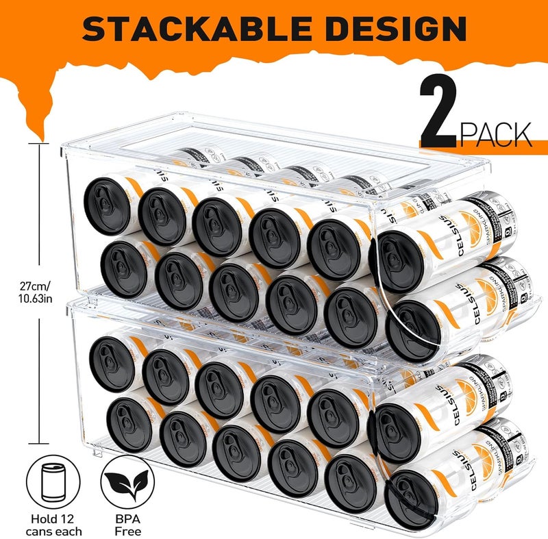 SCAVATA 2 Pack Skinny Can Organizer for Refrigerator, Stackable Tall Skinny Soda Pop Can Holder Dispenser with Lid for Fridge Pantry Rack Freezer, Clear Plastic Storage Bins-Holds 12 Slim Cans Each - Image 2