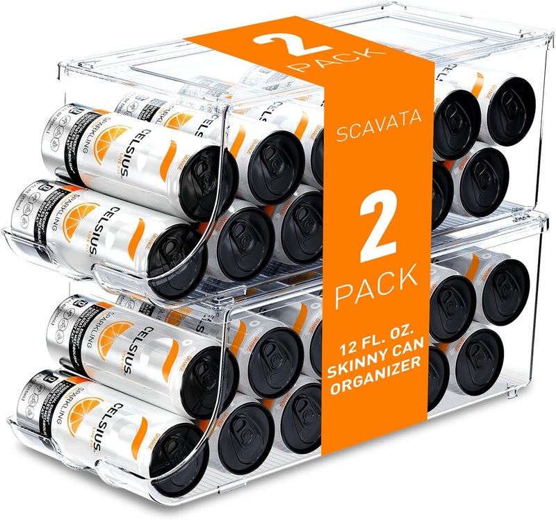 SCAVATA 2 Pack Skinny Can Organizer for Refrigerator, Stackable Tall Skinny Soda Pop Can Holder Dispenser with Lid for Fridge Pantry Rack Freezer, Clear Plastic Storage Bins-Holds 12 Slim Cans Each - Image 1
