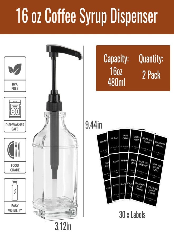 STARSIDE 16 oz Coffee Syrup Dispenser,2 pcs Clear Glass Syrup Bottle with 1/4oz Capacity Pump,Syrup Dispenser for Coffee Bar with Plastic Pump and Syrup Labels - Image 2