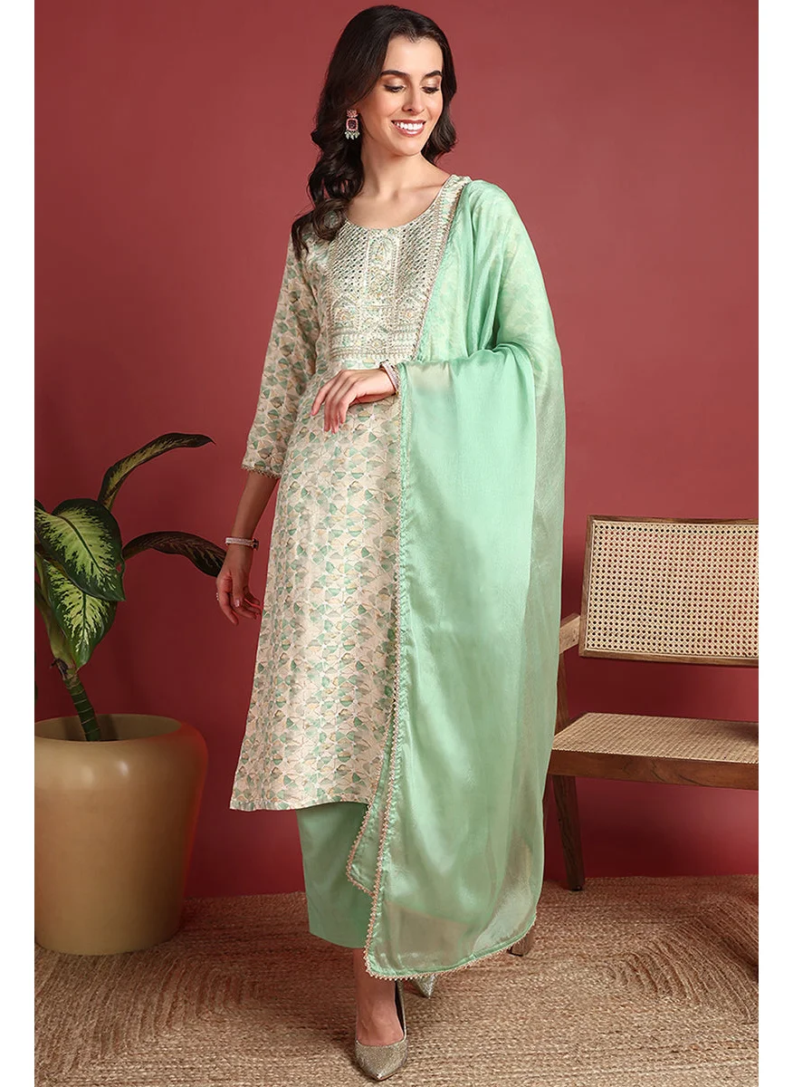 زيري سوق Green Viscose Rayon Embroidered Straight 3-Piece Kurta Set