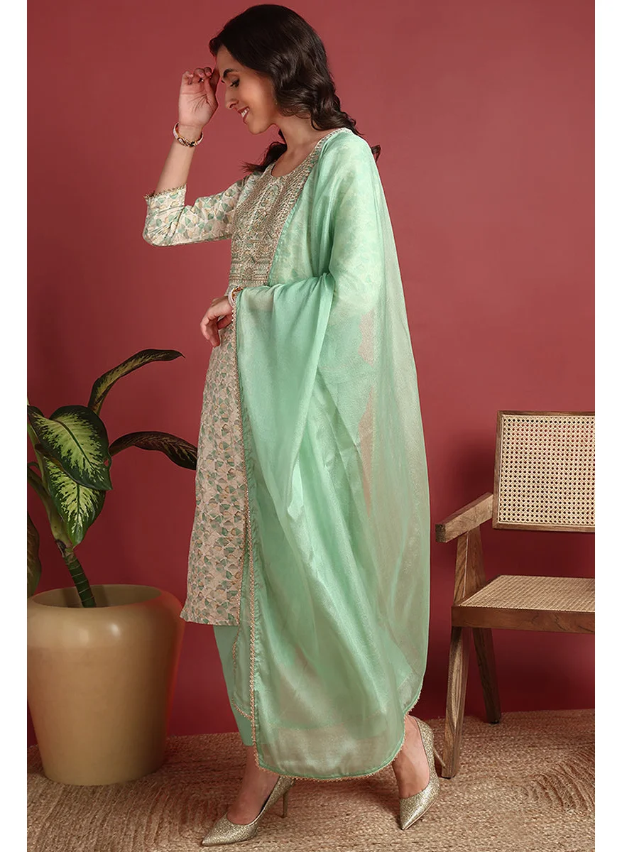 زيري سوق Green Viscose Rayon Embroidered Straight 3-Piece Kurta Set