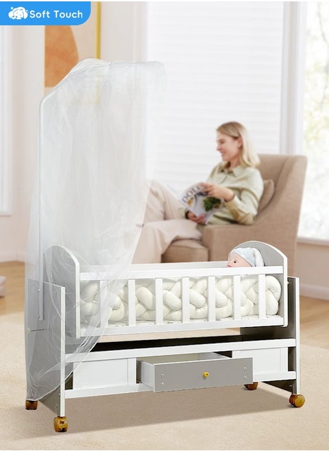 3 In 1 Baby Bassinet Baby Bedside with Mosquito Sleeper Baby Cot with Mosquito Net with Drawer Sturdy Structure for Newborn and Infant 99x50x50CM