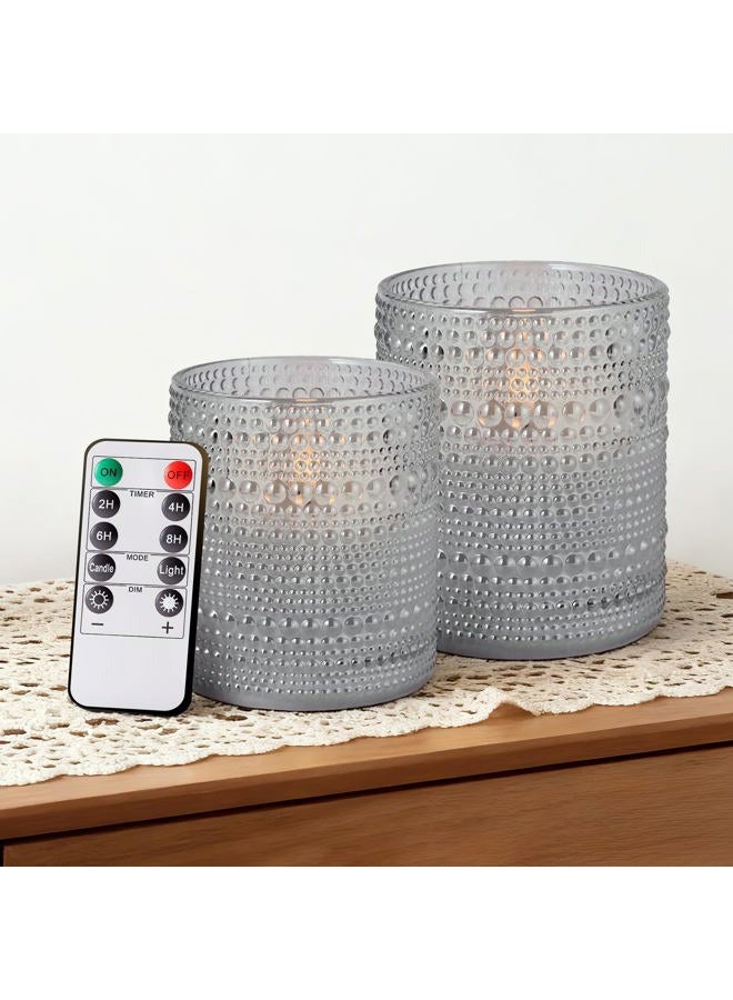 Velsyn Dotted Glass Flameless Candles with Remote Timer, Real Wax Battery Operated LED Pillar Candles with 3D Flickering Flame for Festival Wedding Home Party Decor, 3" x 4", 4" x 5", Set of 2 (Grey) - Image 1