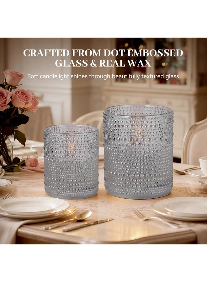 Velsyn Dotted Glass Flameless Candles with Remote Timer, Real Wax Battery Operated LED Pillar Candles with 3D Flickering Flame for Festival Wedding Home Party Decor, 3" x 4", 4" x 5", Set of 2 (Grey) - Image 2