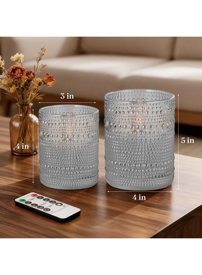 Velsyn Dotted Glass Flameless Candles with Remote Timer, Real Wax Battery Operated LED Pillar Candles with 3D Flickering Flame for Festival Wedding Home Party Decor, 3" x 4", 4" x 5", Set of 2 (Grey) - Image 5