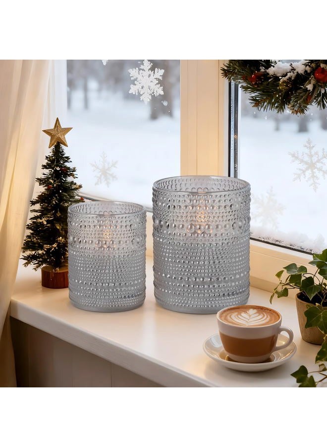 Velsyn Dotted Glass Flameless Candles with Remote Timer, Real Wax Battery Operated LED Pillar Candles with 3D Flickering Flame for Festival Wedding Home Party Decor, 3" x 4", 4" x 5", Set of 2 (Grey) - Image 3