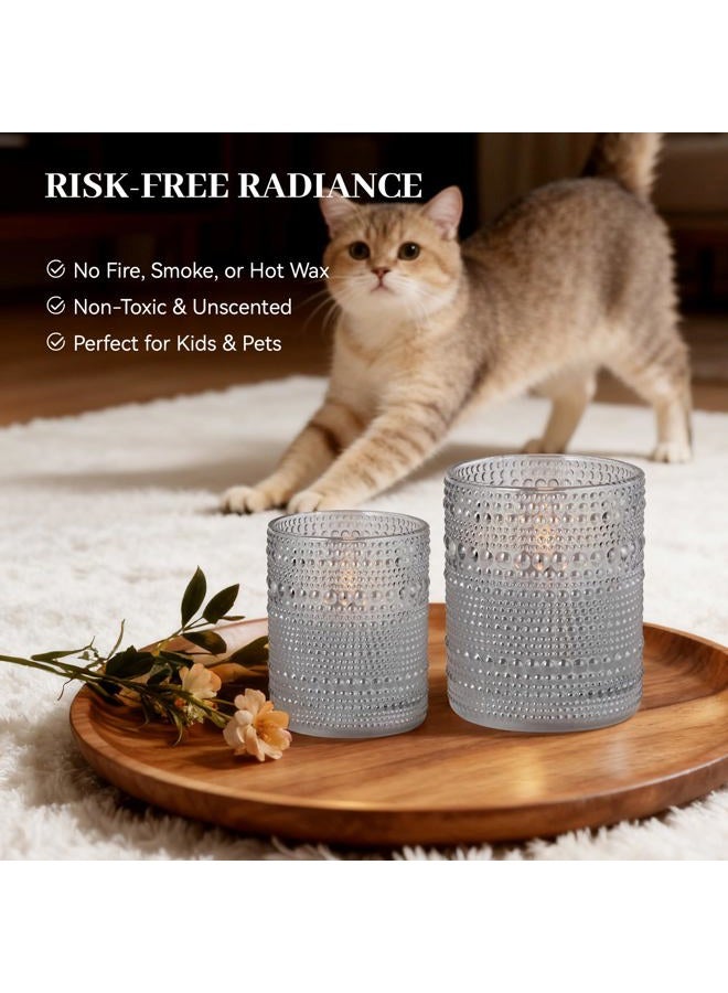 Velsyn Dotted Glass Flameless Candles with Remote Timer, Real Wax Battery Operated LED Pillar Candles with 3D Flickering Flame for Festival Wedding Home Party Decor, 3" x 4", 4" x 5", Set of 2 (Grey) - Image 4