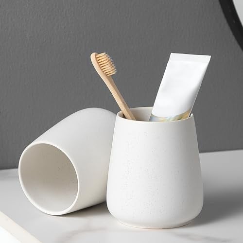 Eyrozia Speckled White Toothbrush Holder Set - 2Pcs Bathroom Ceramic Tooth Brushing Holders, Toothbrush Cup, Toothpaste Organizer for Countertop, Makeup Brush Holder, Pen Holder for Home Desktop Storage - Image 5