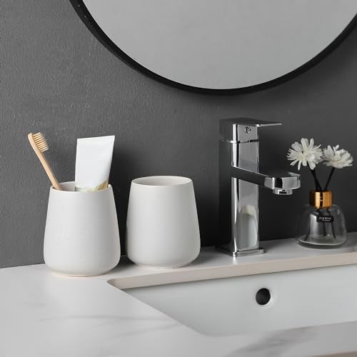 Eyrozia Speckled White Toothbrush Holder Set - 2Pcs Bathroom Ceramic Tooth Brushing Holders, Toothbrush Cup, Toothpaste Organizer for Countertop, Makeup Brush Holder, Pen Holder for Home Desktop Storage - Image 4