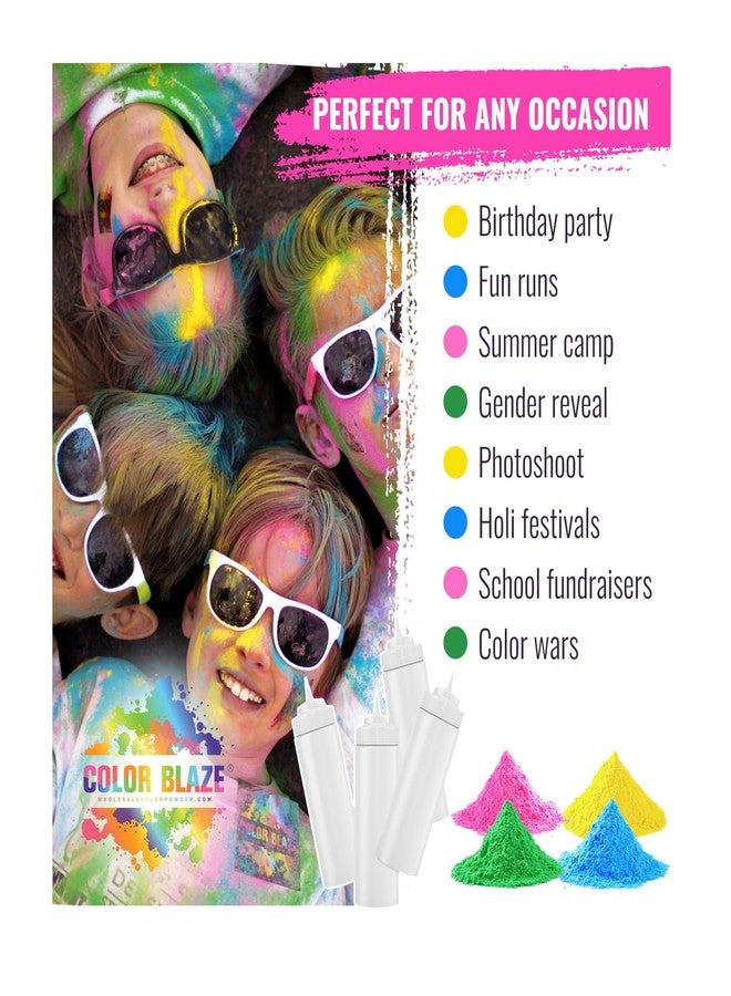 Color Blaze مجموعة ألوان بودرة المرح من كولور بليز - 20 كيسًا إجمالاً (5 أكياس من كل لون: الوردي، الأصفر، الأخضر، والأزرق) + 4 زجاجات ضغط - مثالية لتزيين رجل الثلج، ومعركة الألوان، وجلسات التصوير، وحرب الألوان، ومهرجان هولي! - Image 5