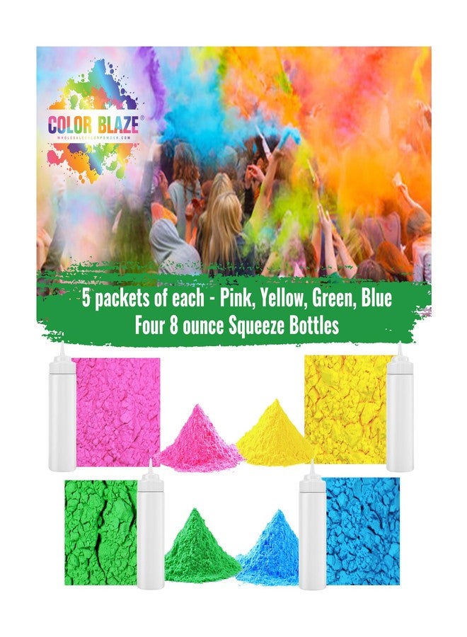 Color Blaze مجموعة ألوان بودرة المرح من كولور بليز - 20 كيسًا إجمالاً (5 أكياس من كل لون: الوردي، الأصفر، الأخضر، والأزرق) + 4 زجاجات ضغط - مثالية لتزيين رجل الثلج، ومعركة الألوان، وجلسات التصوير، وحرب الألوان، ومهرجان هولي! - Image 2