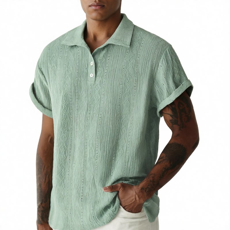 Men's Knitted Polo Shirt Short Sleeve Breathable Lightweight Casual Top with Hollow Details