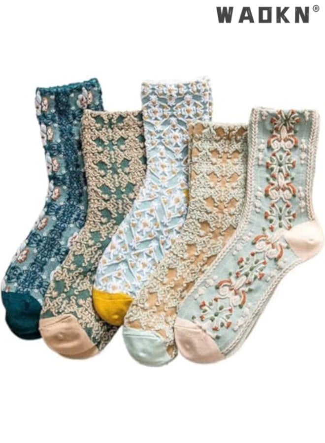 WAOKN 5pcs women socks , Lavish Lavender Argyle Socks: Elegant Vintage Floral Frill & Jeweled Cotton Detail , suitable for Spring & Summer Style ,soft and comfortable , fashion and durable ,Sweat absorption and odor prevention . - Image 1