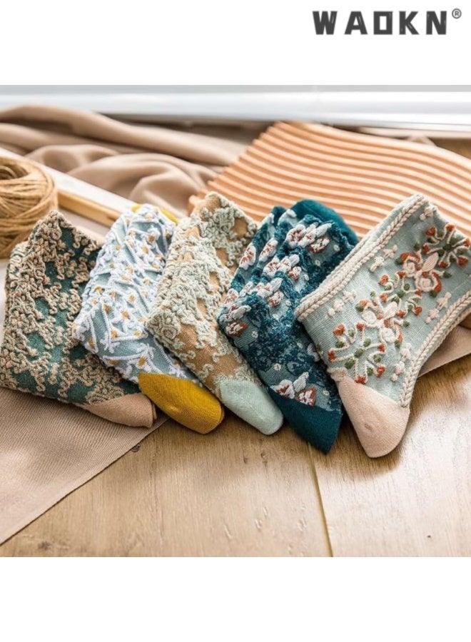 WAOKN 5pcs women socks , Lavish Lavender Argyle Socks: Elegant Vintage Floral Frill & Jeweled Cotton Detail , suitable for Spring & Summer Style ,soft and comfortable , fashion and durable ,Sweat absorption and odor prevention . - Image 4