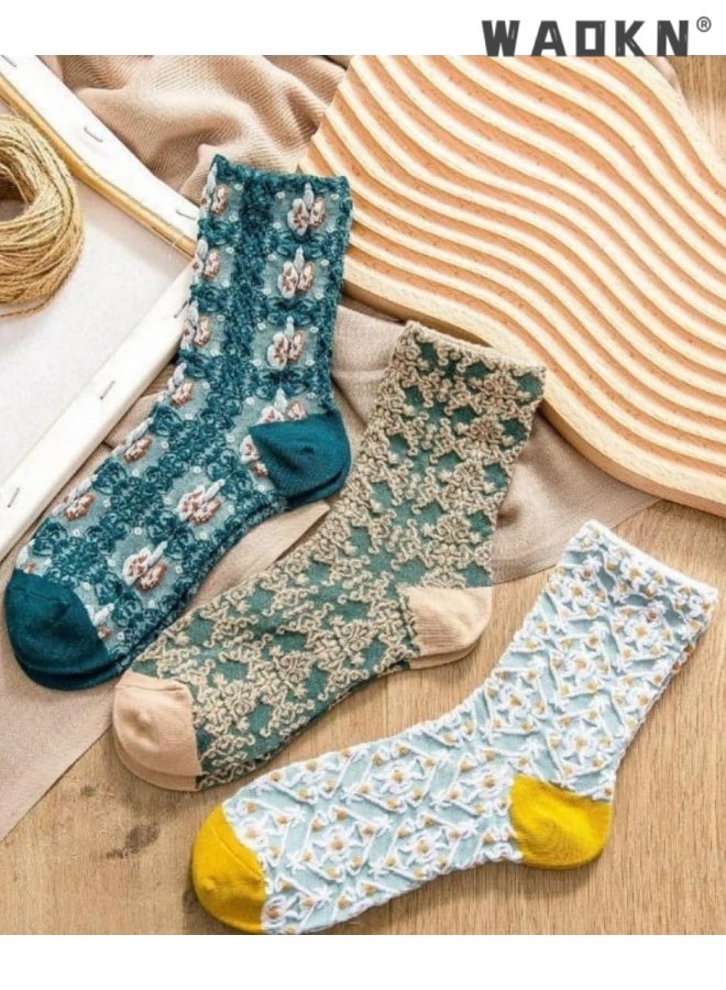 WAOKN 5pcs women socks , Lavish Lavender Argyle Socks: Elegant Vintage Floral Frill & Jeweled Cotton Detail , suitable for Spring & Summer Style ,soft and comfortable , fashion and durable ,Sweat absorption and odor prevention . - Image 3