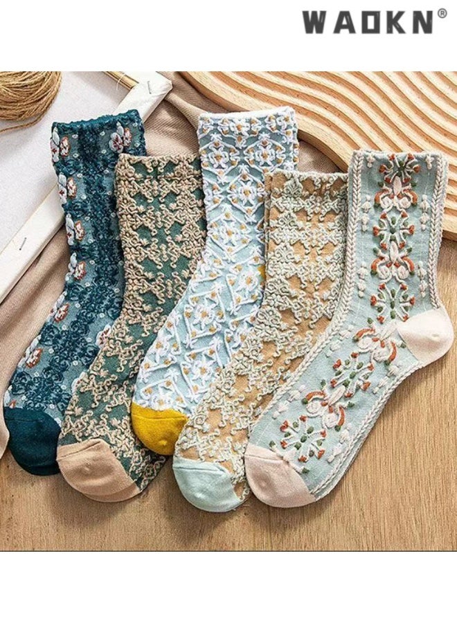 WAOKN 5pcs women socks , Lavish Lavender Argyle Socks: Elegant Vintage Floral Frill & Jeweled Cotton Detail , suitable for Spring & Summer Style ,soft and comfortable , fashion and durable ,Sweat absorption and odor prevention . - Image 5