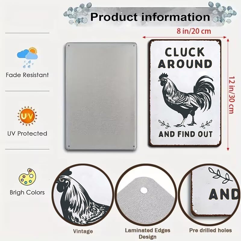 Smilelife Funny Chicken Gifts Chicken Cluck Around and Find Out Tin Sign for Home Farm Chicken Coop Farmhouse Kitchen Garden Decor 8 X 12 Inch (3020) - Image 2