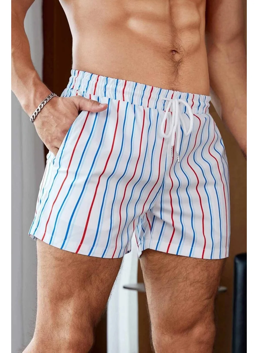 Angelsin Men's Basic Standard Size Colorful Striped Printed Swimsuit with Pockets Swim Shorts