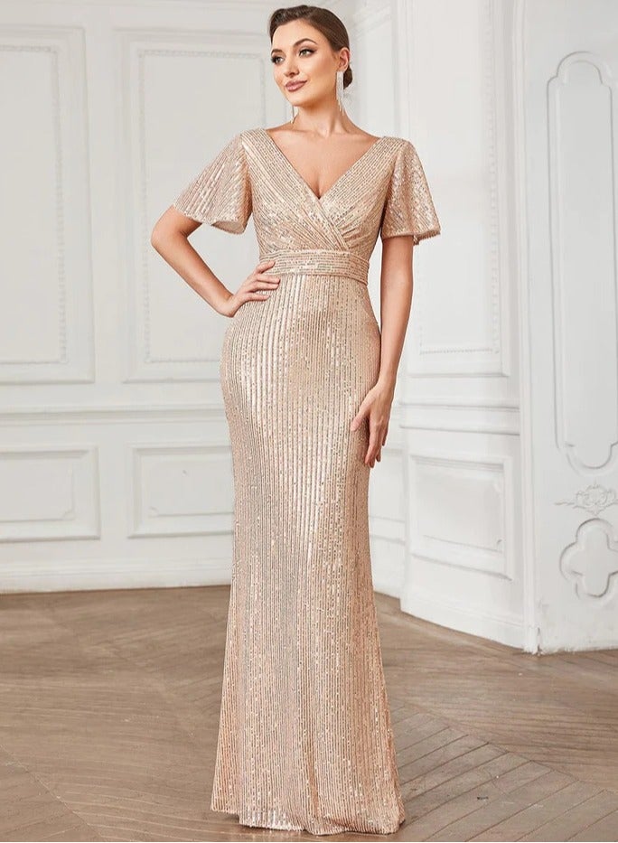 GEXUAN The V-neck short-sleeved, form-fitting long fishtail evening dress is suitable for formal occasions such as banquets and parties - Image 2