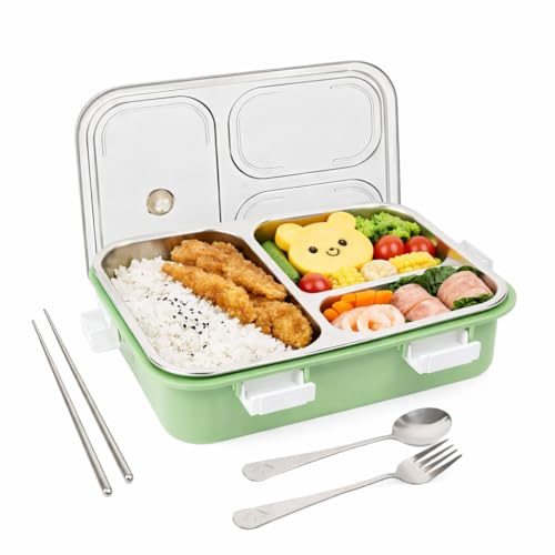Brand Conquer Lunch Box Leak-Proof BPA Free Stainless Steel for School, Lunch Box for School & Office with a Fork, a Spoon and a Pair of Chopsticks (Green, 3 Compartment) - Image 1