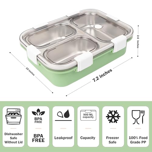 Brand Conquer Lunch Box Leak-Proof BPA Free Stainless Steel for School, Lunch Box for School & Office with a Fork, a Spoon and a Pair of Chopsticks (Green, 3 Compartment) - Image 3