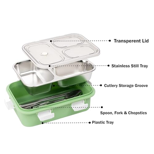 Brand Conquer Lunch Box Leak-Proof BPA Free Stainless Steel for School, Lunch Box for School & Office with a Fork, a Spoon and a Pair of Chopsticks (Green, 3 Compartment) - Image 2