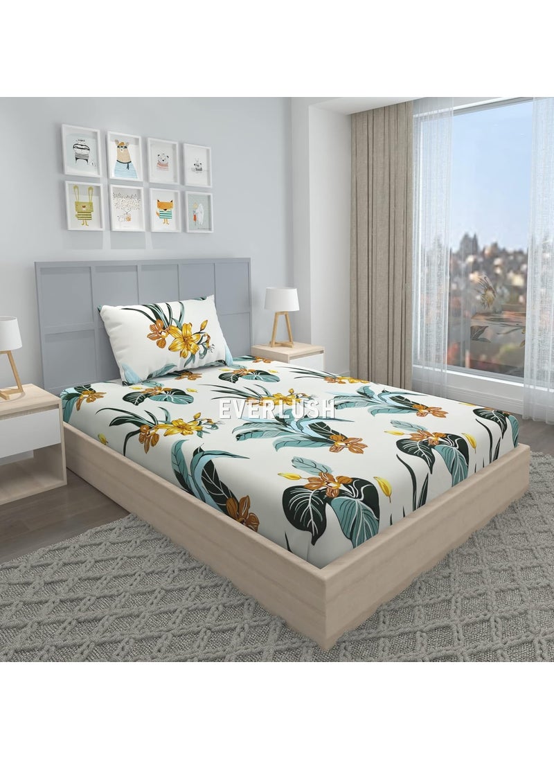 EVERLUSH - EVERLUSH 180 TC Glace Cotton Single Bed Size Elastic Fitted Bedsheet with 1 Pillow Cover, Size - 36 x 72 (Cream Patta) - Image 1