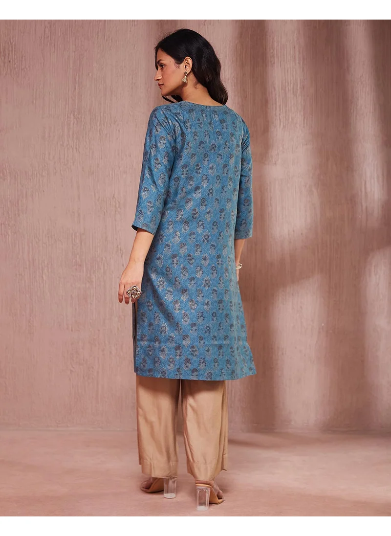 Fabindia Teal Viscose Silk Hand Block Printed Knee Length Kurta