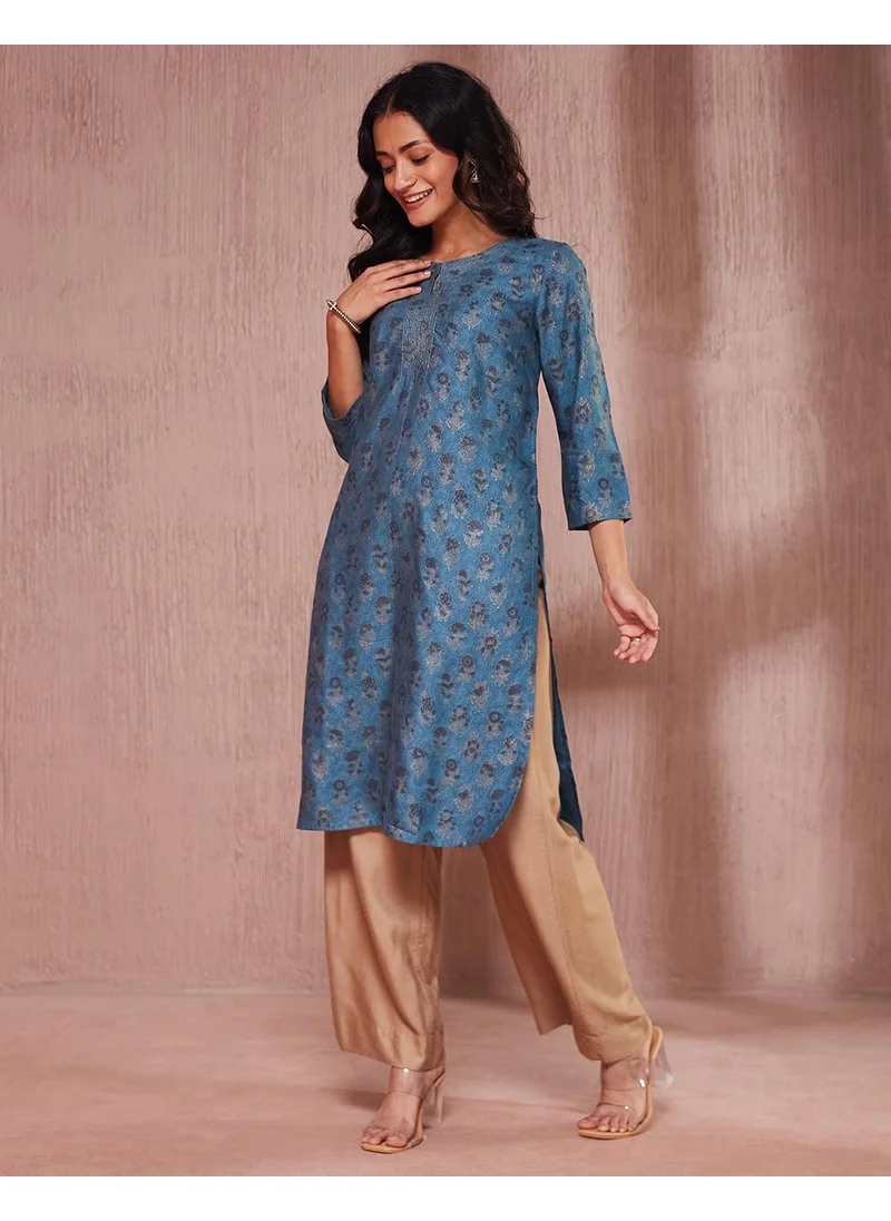 Fabindia Teal Viscose Silk Hand Block Printed Knee Length Kurta